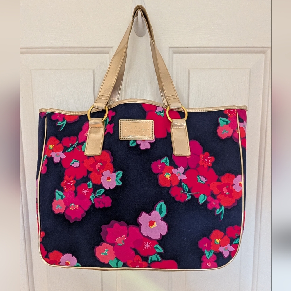Lilly Pulitzer Black Tote with Pink Floral Design